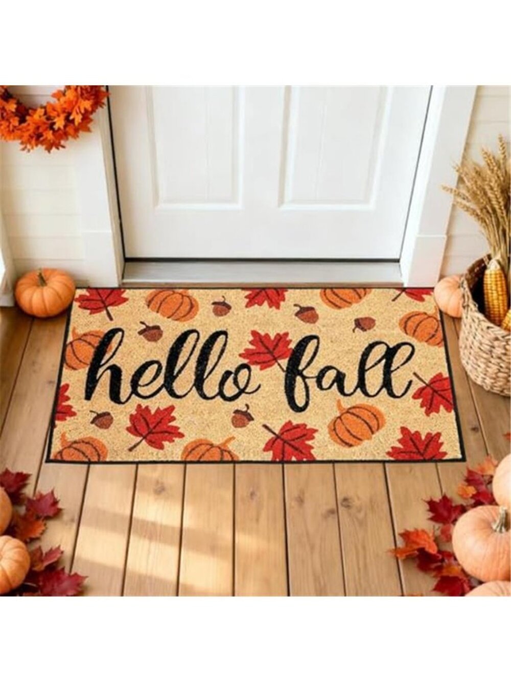 Thanksgiving Doormat Hello Fall Coir Door Mat Maple Leaves Pumpkin Pinecone